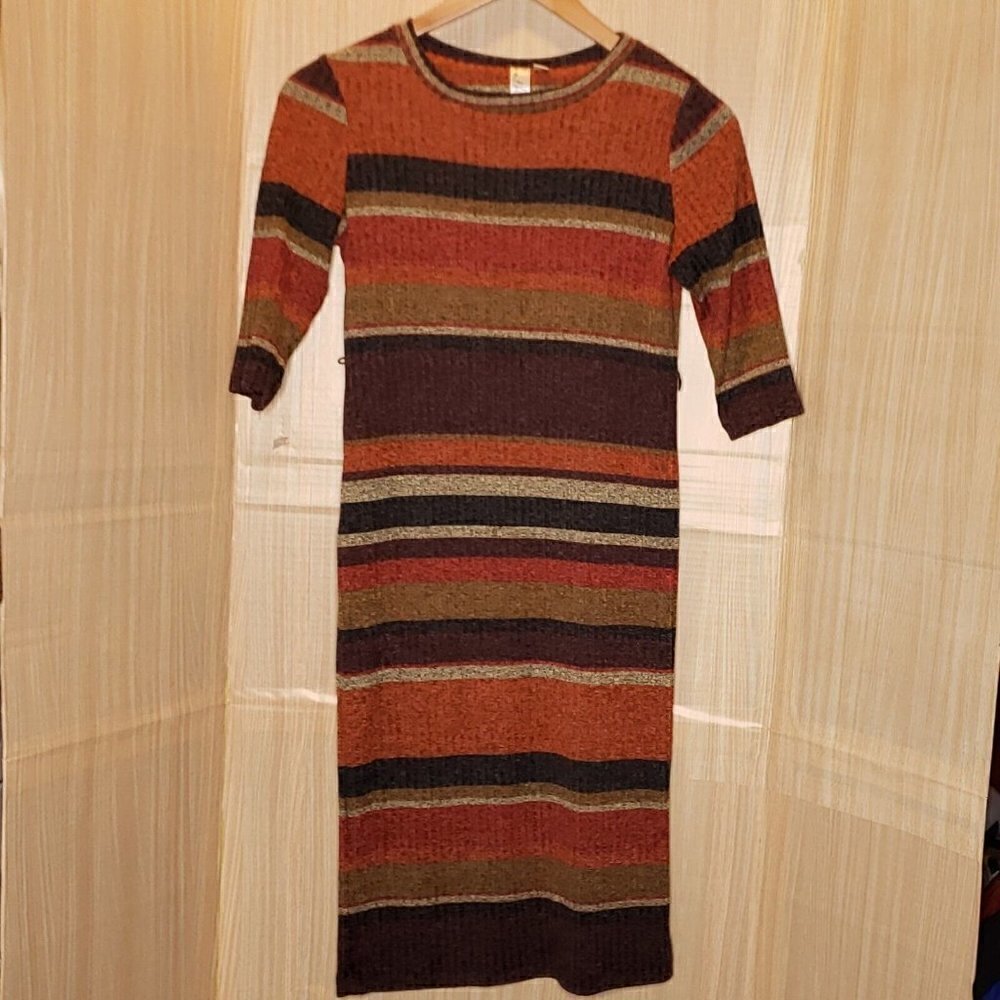 Emma & Michele Womens Brown Orange Stripe Ribbed Knit Midi Dress Small
